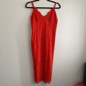 Bardot Red Lace Midi Length Dress